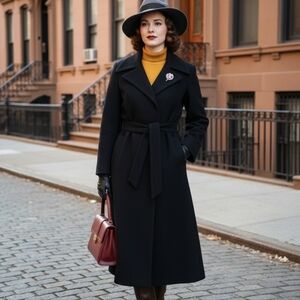 Vintage Bloomingdale's Sycamore Cashmere Union Made Black Trench Coat Wrap Belt